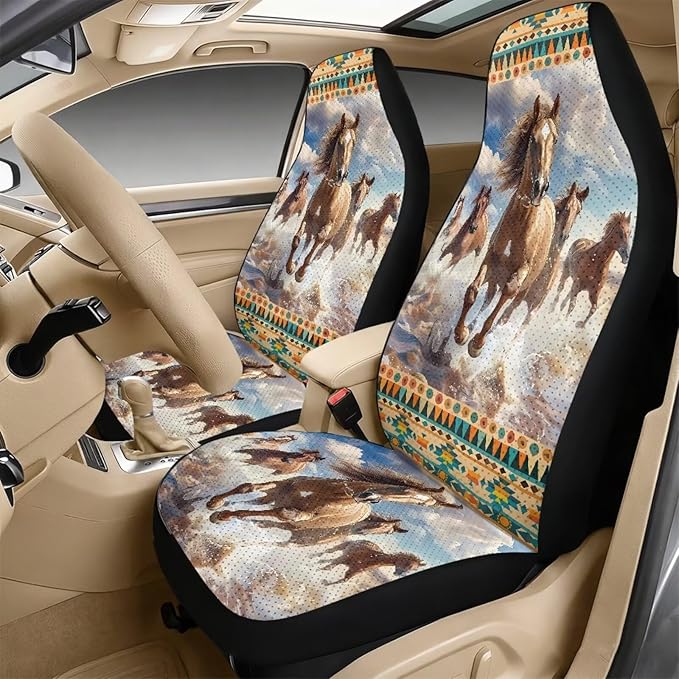 FUSURIRE Car Seat Covers Aztec Horse Print PU Front Seat Covers, Seat Belt Covers & Center Armrest Pad Universal Fit Interior Accessories for Cars Trucks and SUVs