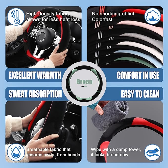 Furry Cute Steering Wheel Cover, Soft Fluffy Short Plush Auto Accessories, Non-Slip Cold-Proof Sweat-Proof Colorfast, Universal 15 inch(Black with Green)