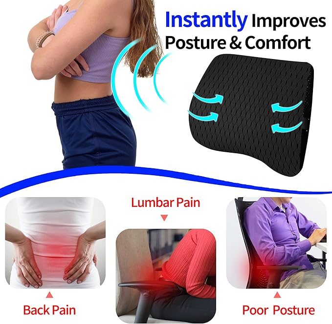Lumbar Support Pillow for Car, Lower Back Support for Driving Seat Memory Foam Lumbar Pillow for Office Chair - Back Pain Relief for Car Seat, Wheelchair (4D Mesh Black)