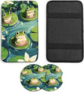 JANENFNA Car Armrest Cover Pads Universal Fashion Cute Auto Center Console Armrest Cover Pad with 2PCS Car Coasters Soft Waterproof Car Armrest Seat Protector for Women,Cute Frog on Lotus Leaf