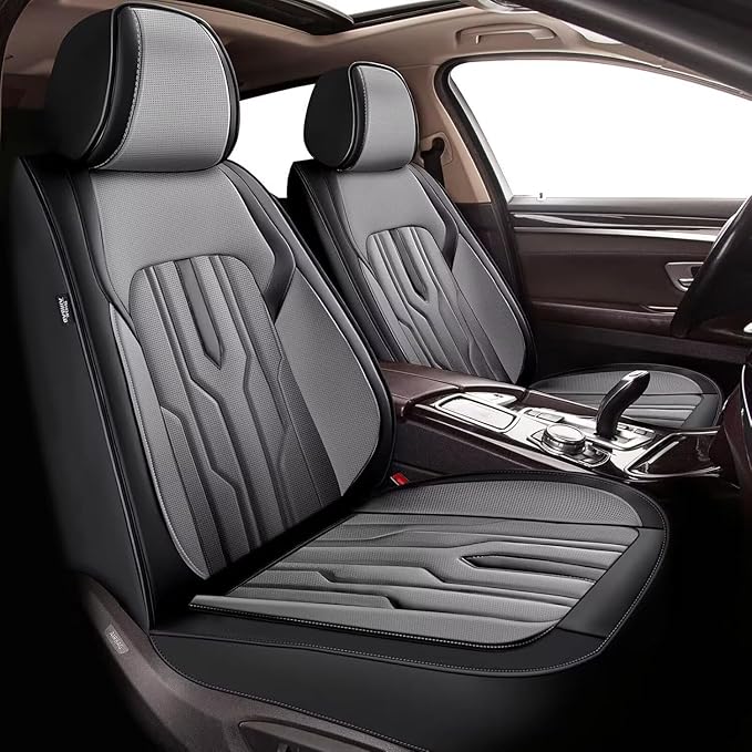 YORKNEIC Fit for Hyundai Santa Fe Seat Covers 2009-2025: Leather Waterproof Car Seat Covers Anti-Slip Protector 2 Front Set (2 Seats, Black&Grey)
