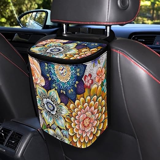 Talayituse Boho Flower Print Car Trash Can with Lid, Leak Proof Auto Trash Bag Hanging Vehicle Garbage Can Multipurpose Storage Container for Back Seat Road Trip