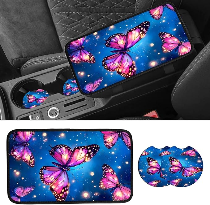 JANENFNA Car Armrest Cover Pads Universal Fashion Cute Auto Center Console Armrest Cover Pad with 2PCS Car Coasters Soft Waterproof Car Armrest Seat Protector for Women,Glowing Butterflies