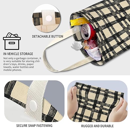 AXZOPDE Cute Car Trash Can, Hanging Canvas Car Back Seat Organizer and Storage Bag, Funny Car Trash Bag For Travelling, Outdoor Cute Beige Black Plaid