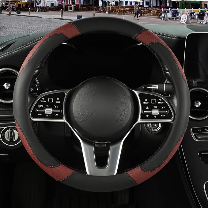 Binsheo Microfiber Leather Steering Wheel Cover, Breathable, Anti Slip, 13.5 inch to 14 inch, Black with Burgundy