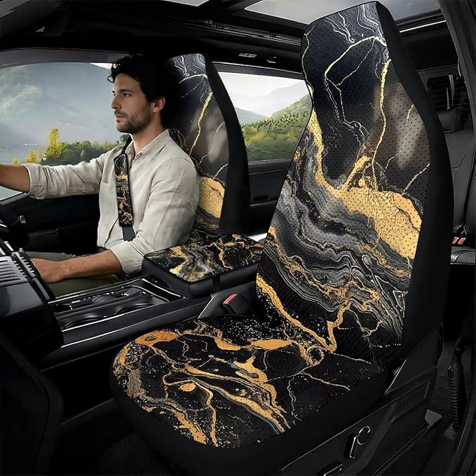 Psesaysky Black Gold Marble 2 Front Seat Covers, 1 Center Console Armrest Cover, 2 Seat Belt Pads, All-in-One Automotive Accessories Set
