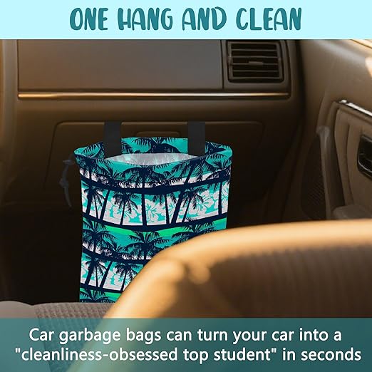 KXWQTRDD Car Garbage Bag Tropical Green Palm Trees Hanging Canvas Car Trash Bag Waterproof Drawstring Car Back Seat Organizer for Car Back Front Seat Console with Adjustable Buckle