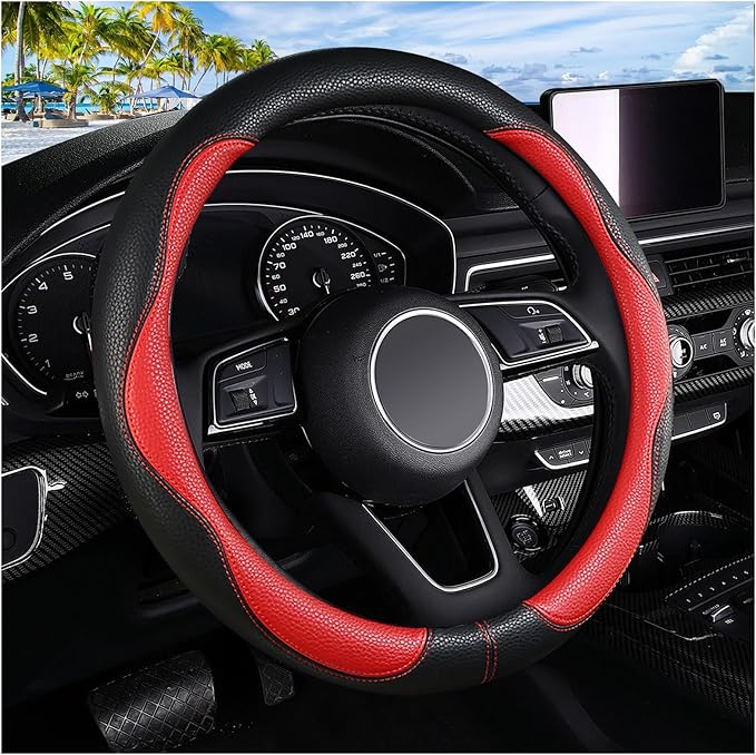 Steering Wheel Cover, Anti Slip Breathable Comfort PU Imitation Leather Cute Car Accessories for Women Girl, Universal Protector in All Season 15 inch Fit Most Car(Red)