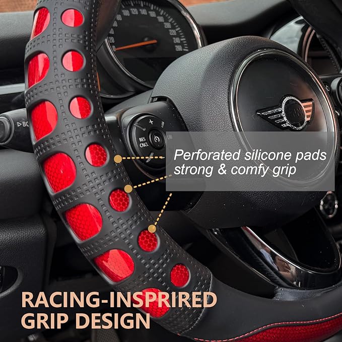 PINCTROT Race Grip Steering Wheel Cover, Anti Slip Silicone Perforated Design with Soft Touch Padding, Enhanced Grip for Sporty Driving, Universal 14.5-15 Inch (Racing Red)