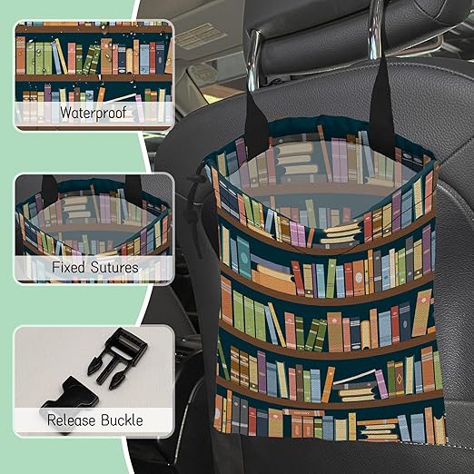 NHNXHWIA Book Shelves Car Trash Bag,Hanging Drawstring Car Garbage Bag,Waterproof Canvas Car Back Seat Organizer with Adjustable Buckle,for Vehicles,SUVs,Camping,Road Trips