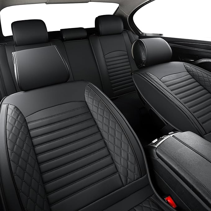Vankerful Leather Seat Covers for Cars,Car Seat Covers Full Set,Automotive Seat Covers for Trucks,SUV,Leatherette,Universal Fit,Airbag Compatible Vehicles Seats Cushions(Full Set,Black)