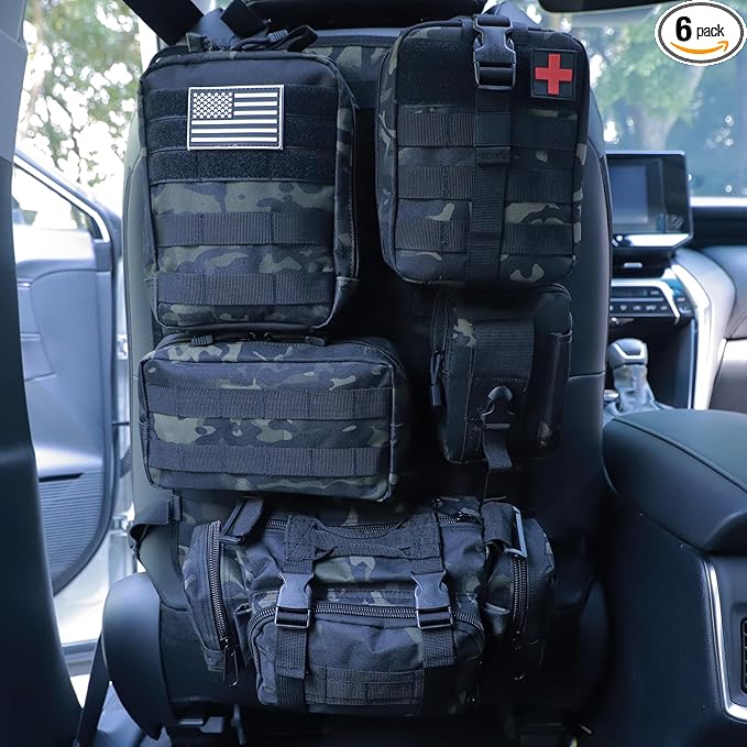 Universal Tactical Car Seat Back Organizer Bag Tactical Molle Vehicle Organizers Panel Vehicle Protector Organizers with 5 Detachable Pouches for Car (Black camo)