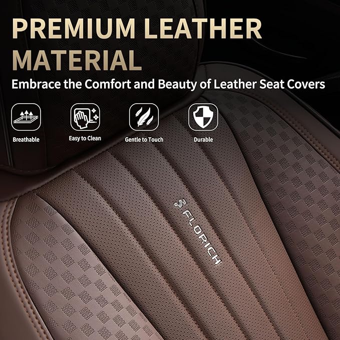 FLORICH Car Seat Covers, Premium Leatherette Car Seat Covers Full Set, Waterproof Nappa Leather Seat Protectors, Breathable Car Seat Cushion for Most Sedans Cars SUV Trucks - Coffee