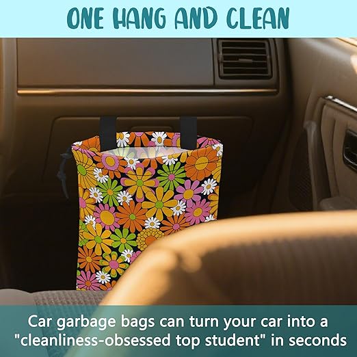 KXWQTRDD Car Garbage Bag Colorful Vintage Groovy Flowers Drawstring Car Trash Bag Hanging for Back Seat with Adjustable Buckle Canvas Vehicle Trash Can Easy-to-Install
