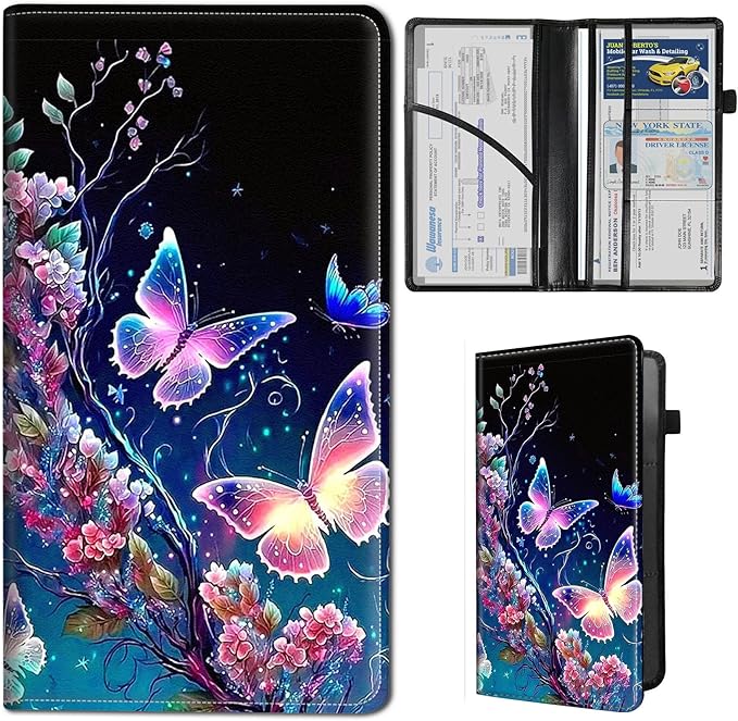 Qindaiwen Car Registration and Insurance Holder, Vehicle Card Document Elastic Band Closure Glove Box Organizer, Driver License Cards, Car Accessories for Essential Info, Colorful Butterfly