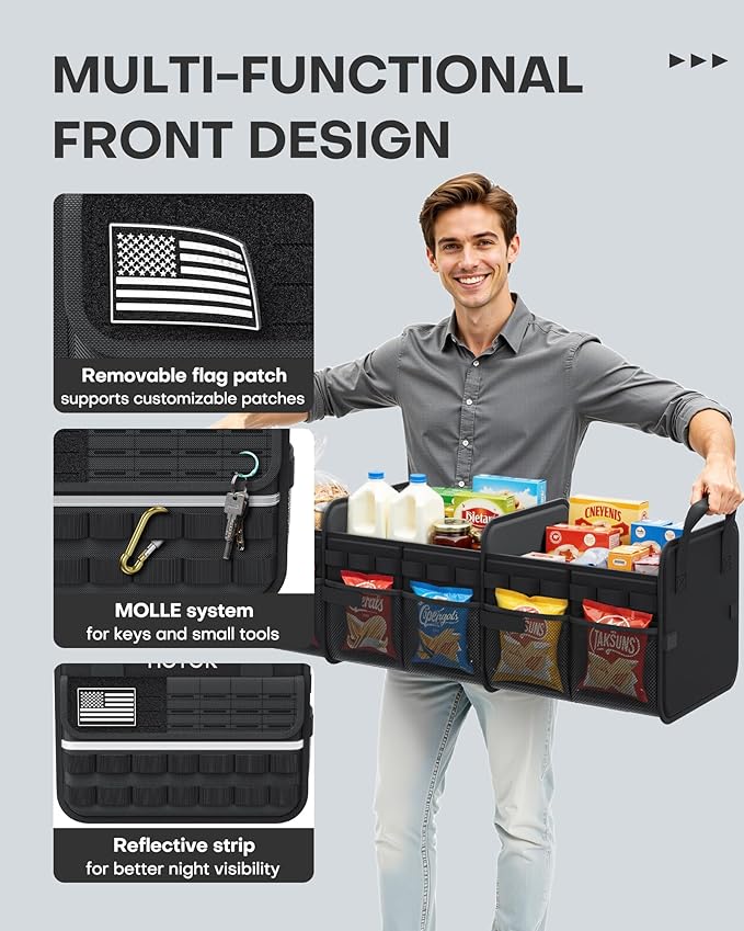 HOTOR Tactical Car Trunk Organizer - Foldable Trunk Organizer for SUV with Front MOLLE Pocket & Reflective Strips, Essential Car Accessories for Tools & Outdoor Storage, 12.8" x 32.3" x 11.0", Black