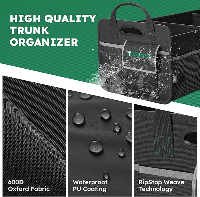 Tonmifr Heavy-Duty Trunk Organizer & Multi-Compartment Storage Box for SUV/Sedan/Minivan,600D Waterproof Oxford,2 Securing Hooks & Reflective Strips-Large Capacity Organiser(92L)