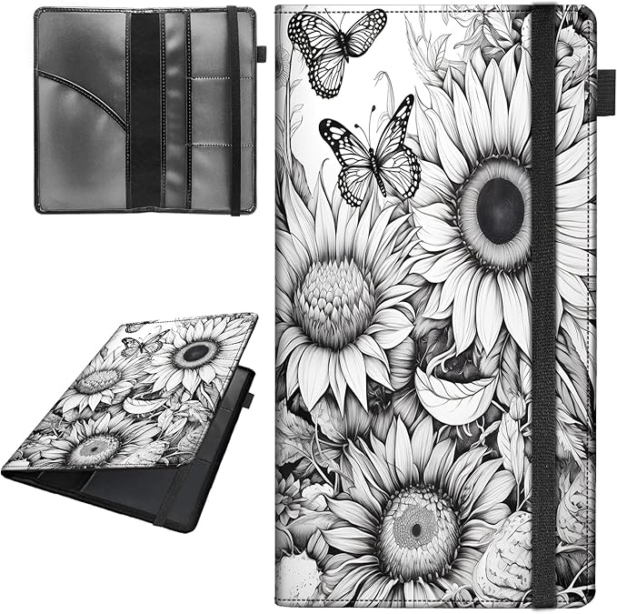 Car Registration and Insurance Holder,Leather Vehicle Glove Box Organizer Wallet for Document,Perfect for any Car,Truck,Motorcycle,Driver License,Trailer or Boat,Men & Women,Butterfly and Sunflower