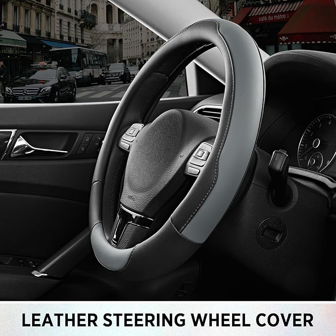 Road Comforts Steering Wheel Cover, Breathable Anti-Slip Leather Steering Wheel Cover, Universal Fit 14.5–15 Inch, Comfortable Grip - Gray Color