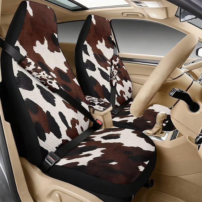 Qeluxign Cow Print PU Leather Car Seat Cover Set of 5 Auto Accessories 2 Front Bucket Seat Covers, 2 Seatbelt Pads & 1 Armrest Cover, Easy to Install