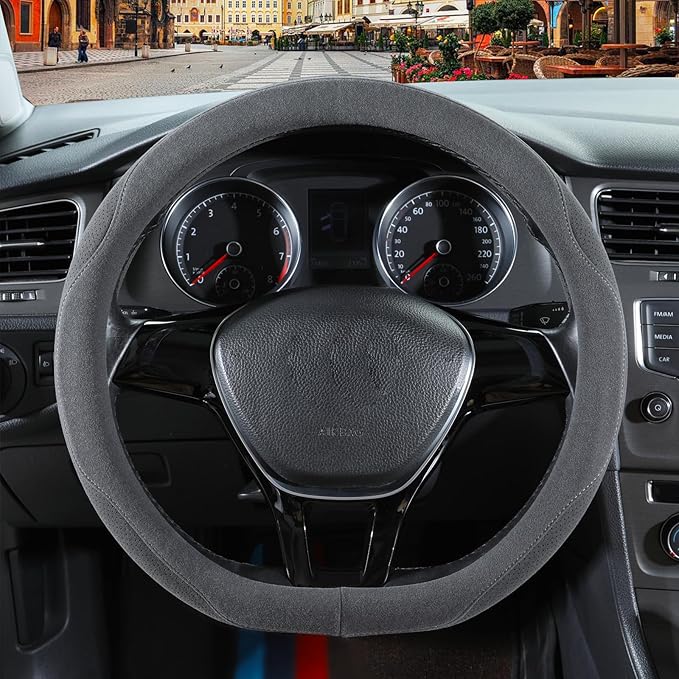 Gray Suede D Shaped Steering Wheel Cover, Breathable Non-Slip Sweat-Proof Wear-Resistant No Pilling, Warm in Winter and Cool in Summer, Universal 15 inch