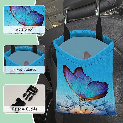 NHNXHWIA Blue Butterfly Car Garbage Bag,Dandelion Waterproof Small Car Trash Bag Hanging Back of Seat,Drawstring Hanging Car Trash Bag with Adjustable Buckle for Car Accessories