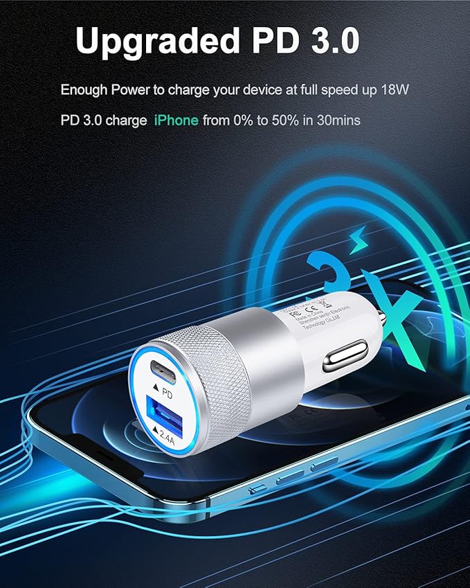 30W USB C Car Charger, [2Pack]3.0 Fast Charge Dual Port USB Type C and 2.4a USB A Cargador Carro Lighter Adapter for iPhone, Tablet, iPad, Samsung Galaxy, LG, Google Pixel GPS, Z Play Droid, Motorola