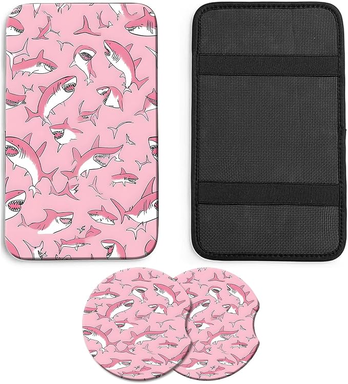 JANENFNA Car Armrest Cover Pads Universal Fashion Cute Auto Center Console Armrest Cover Pad with 2PCS Car Coasters Soft Waterproof Car Armrest Seat Protector for Women,Pink Shark Pattern