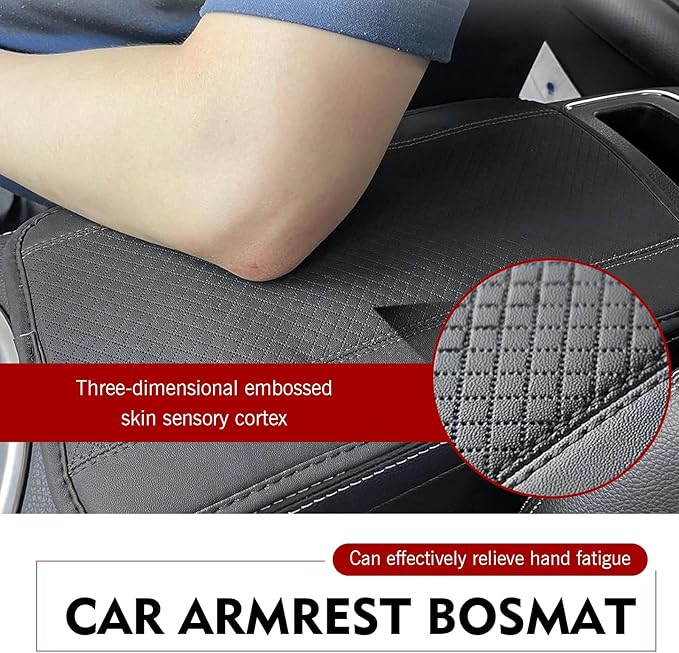Hugwits Car Center Console Armrest Pad, 7.48" x 12.6" Leather Waterproof Armrest Box Mat with Straps, Wear-Resistant Car Center Console Seat Box Cover, Universal for Most Cars (Black Stitching)