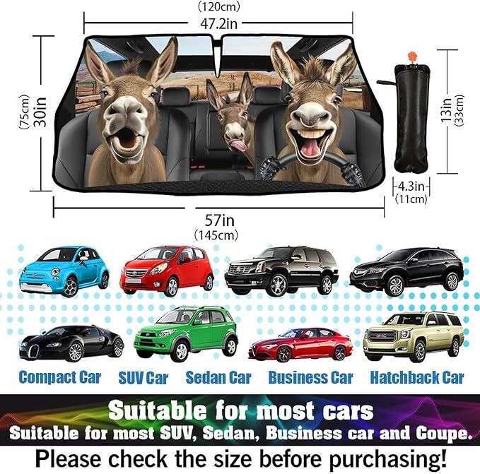 DOPINDU Funny Donkey Car Windshield Sun Shade Umbrella Bendable Handle Foldable Funny Sunshade for Car Windshield Block UV Rays Keep Vehicle Cool for Most Sedans SUV Trucks Cars 57"x30"