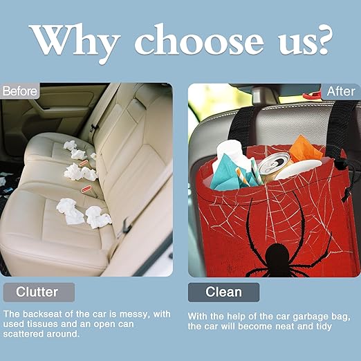Spiders on Web Car Trash Bag,Hanging Drawstring Car Garbage Bag,Canvas Car Back Seat Organizer with Adjustable Buckle for Men and Women