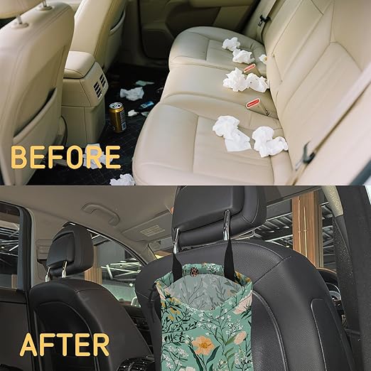 Vintage Botanical Floral Car Trash Bag,Peony Flowers Hanging Drawstring Car Garbage Bag,Canvas Car Back Seat Organizer with Adjustable Buckle for Men and Women