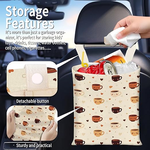 BEAKND Hanging Car Garbage Bag, Cute Car Trash Can Bag, Automotive Accessories for Women Men Cute Colorful Coffee Print