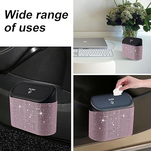 Bling Car Trash Can with Lid Mini Auto Garbage Bin Rhinestone Hanging Vehicle Trash Container Odor Proof Organizer (Pink)