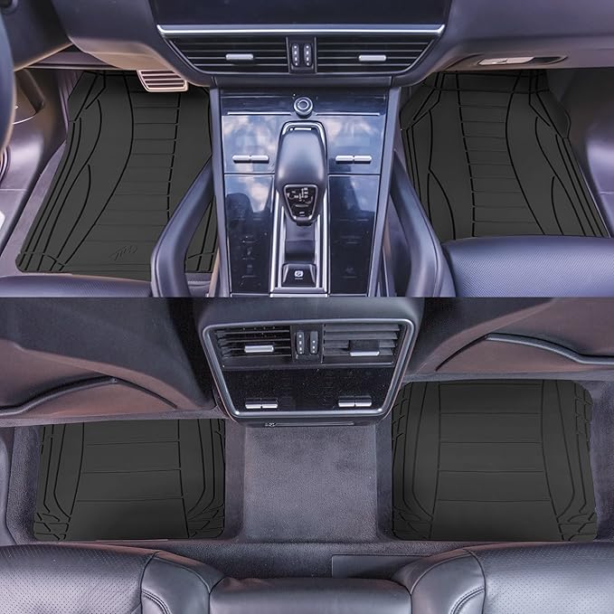 TLH Car Floor Mats, Black Sleek Linear, Full Set, Rubber, Waterproof, Stain-Resistant, Easy to Clean, Washable, Durable for Ultimate Protection, Perfect for Cars, Trucks, SUVs, Vans