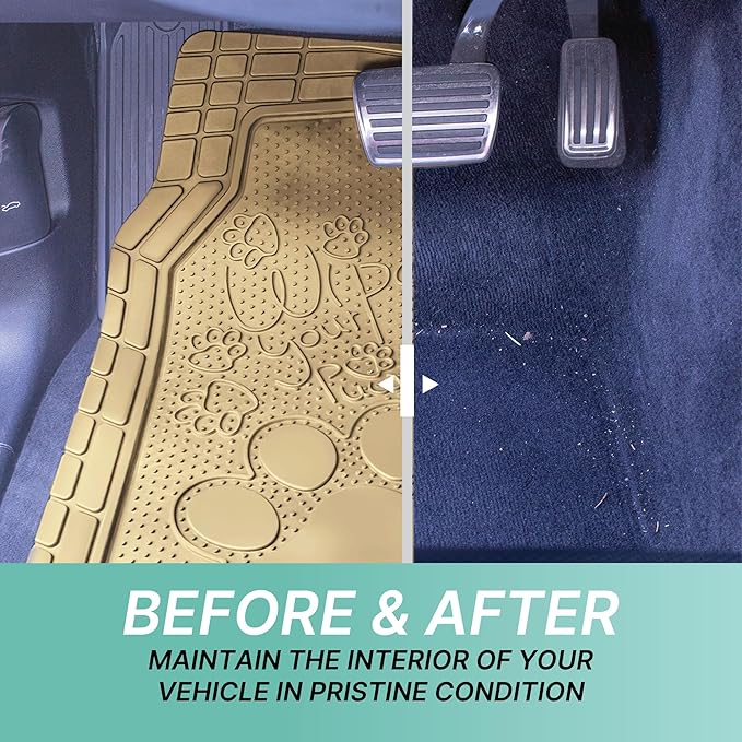 FH Group Car Floor Mats - Adorable Paw Print, Heavy-Duty Rubber Mats, Universal Fit Full Set, Climaproof, Trimmable, Fit Most Sedan, SUV, Truck - Beige