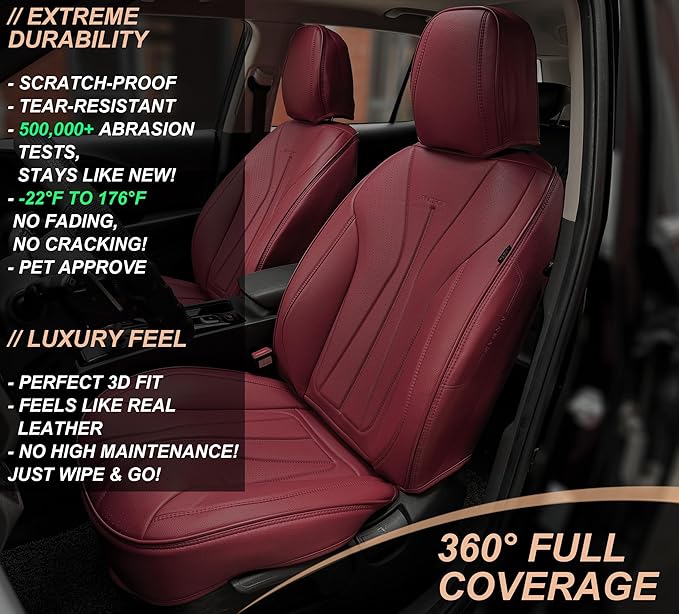 PINCTROT Car Seat Covers Front Set, Breathable Soft Pebbled Leather, Luxury Waterproof Seat Cushion, Airbag Compatible, Seat Protector Universal Fit Most Cars (Front Set, Wine Red)