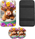 JANENFNA Car Armrest Cover Pads Universal Fashion Cute Auto Center Console Armrest Cover Pad with 2PCS Car Coasters Soft Waterproof Car Armrest Seat Protector for Women,Cow in Flower Bath