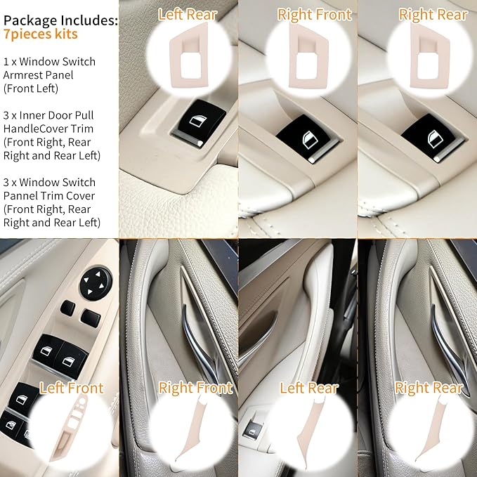 7pcs No-Remove Interior Door Pull Handle Sticky Cover for BMW 5 Series F10/F11 520,523,525,528,530,535 (2010-2016) Fits Driver & Passenger Side Window Switch Armrest Panel (Beige)