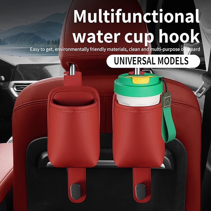 2-Pack Car Seat Back Cup Holder Organizer, Faux Leather Car Cup Holders with Hooks, Universal Backseat Storage for Drinks, Bottles & Travel Accessories (Red)
