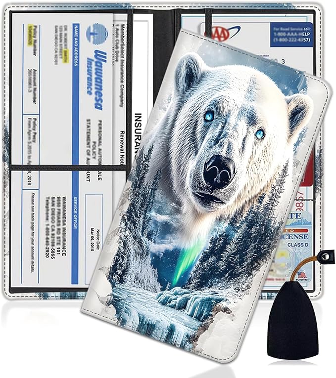 Car Document Holder with Magnetic Shut, Car Registration and Insurance Card Holder, Vehicle Glove Box Organizer Documents, Driver License, Auto Paperwork Organizer Wallet, Polar Bear In Winter Pattern