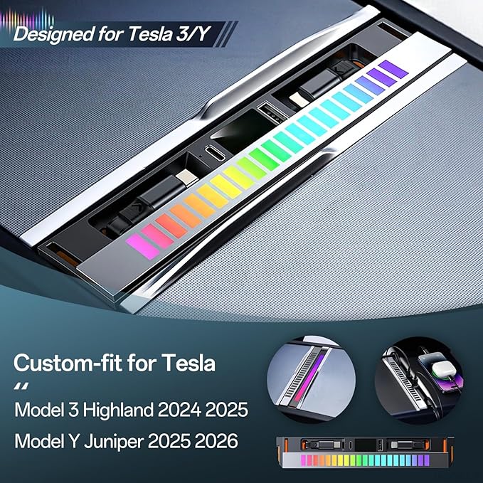 USB Hub for Tesla Model Y Juniper 2025 2026 Model 3 Highland 2024 2025 with Sliding Cover, 107W RGB Ambient Light Docking Station Multi Ports Retractable Cable Fast Charger fit Center Console