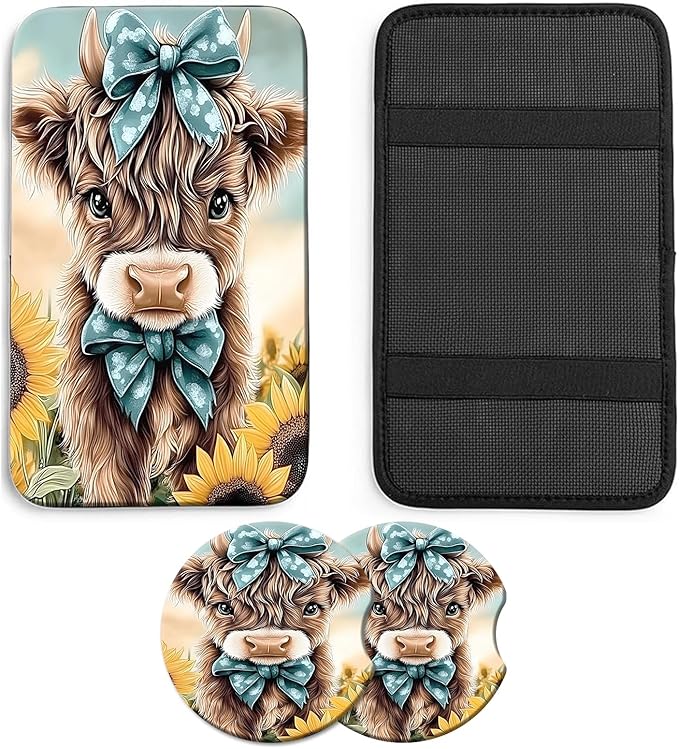 JANENFNA Car Armrest Cover Pads Universal Fashion Cute Auto Center Console Armrest Cover Pad with 2PCS Car Coasters Soft Waterproof Car Armrest Seat Protector for Women,Cow with Blue Bows-A