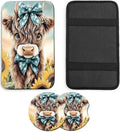 JANENFNA Car Armrest Cover Pads Universal Fashion Cute Auto Center Console Armrest Cover Pad with 2PCS Car Coasters Soft Waterproof Car Armrest Seat Protector for Women,Cow with Blue Bows-A