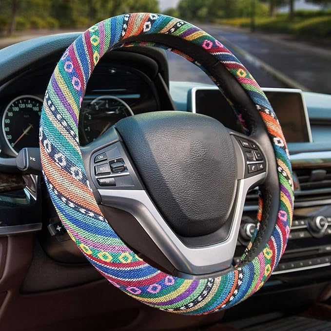Valleycomfy Boho Steering Wheel Covers for Women Cloth Bohemian Universal 15 inch Baja Blanket Enthic