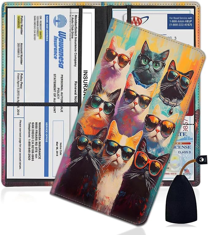 Car Document Holder with Magnetic Shut, Car Registration and Insurance Card Holder, Vehicle Glove Box Organizer Documents, Driver License, Auto Paperwork Organizer Wallet, Colorful Cat With Glasses