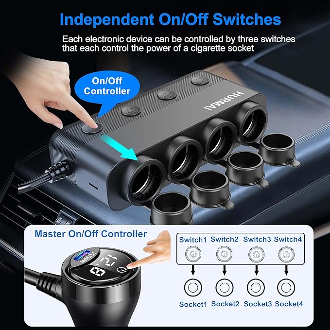 Cigarette Lighter Adapter Splitter,10FT Cable 24V 216W Multi Port Outlet,12 Volt Car Socket Power Outlet 12V Charger Cigarette Lighter,4 Socket Heavy Duty Truck Car USB Chager Multi Port