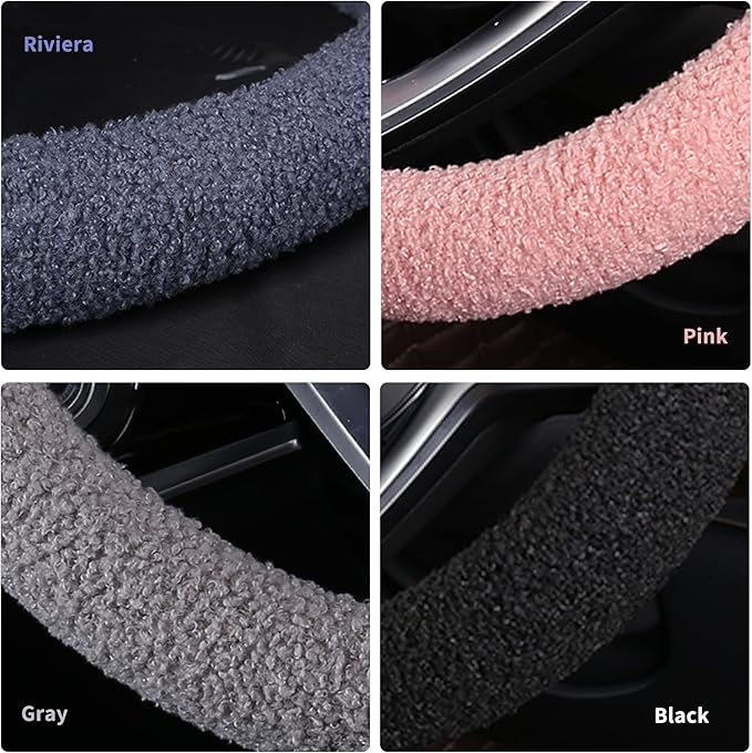 Furry Winter Car Steering Wheel Cover for Women, Soft Fleece Short Plush Warm Universal Auto Accessories for Vehicle, Sedan, Fuzzy, Anti Slip, Gray, Standard Size, 14.75-15.15in