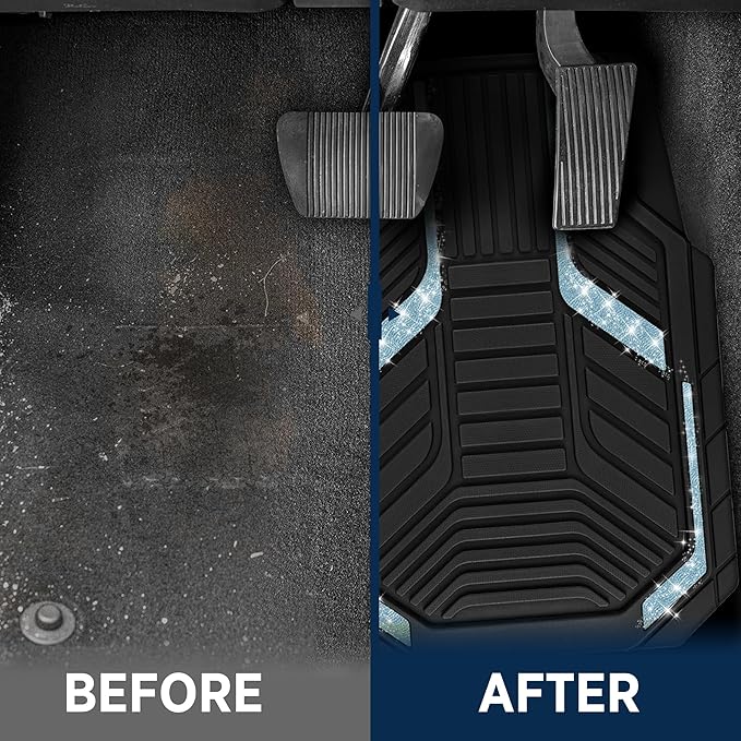 PIC AUTO Car Floor Mats, Light Blue Sparkly Crystal Bling Glitter Car Mats Set, Front and Rear Heavy Duty Rubber Car Mats with Anti-Slip Backing, All Weather, Trim-to-Fit for SUVs, Trucks, Sedan, Vans
