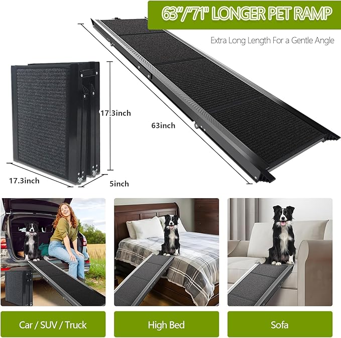 RUBLELITIE Dog Ramp for Cars SUV Truck-17.3x71in Heavy Duty Foldable Wide Outdoor Pet Stairs with Non-Slip Surface Portable Folding Design for Large Dogs Up to 250lbs (63" L x 17.3" W)